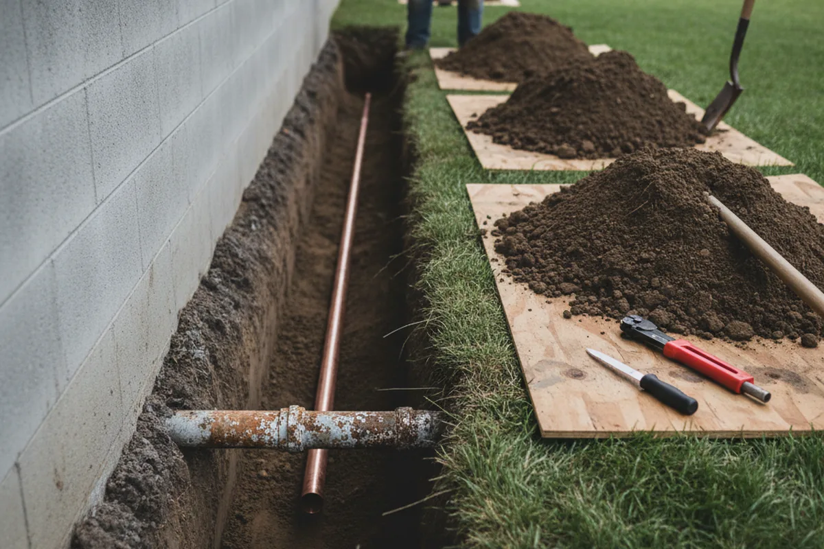 Excavated water line trench during Water Softener Installation in South Barre